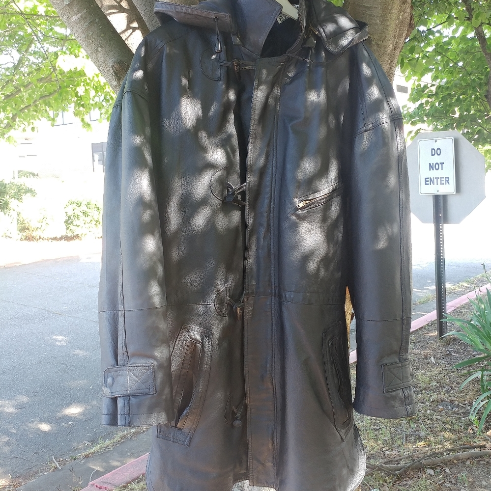 Leather 3/4 Coat, hooded, removable liner